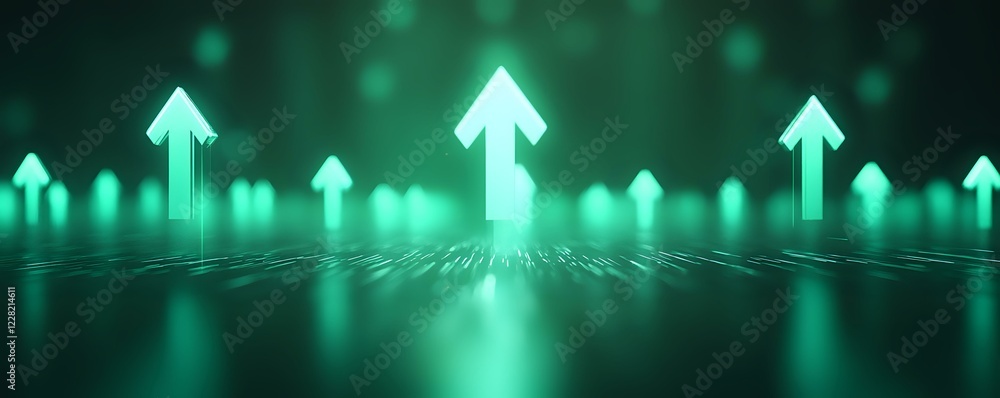 Poster glowing green arrows pointing upward on reflective surface with bokeh effect background create futur