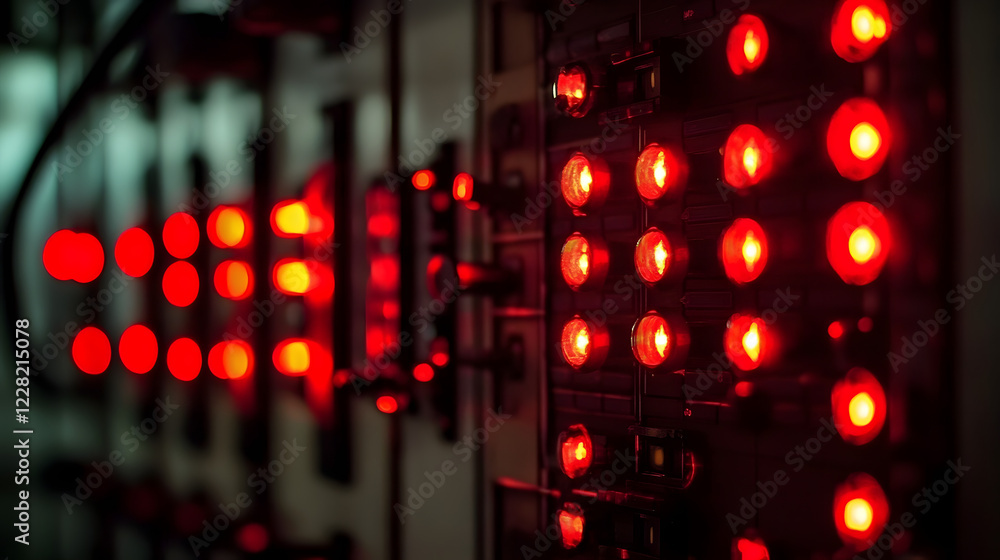Poster multiple red lights blinking on an electrical control panel, potentially indicating an active proces