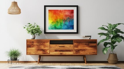 Abstract Rainbow Watercolor Painting Above Mid Century Modern Furniture