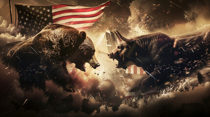 bear and bull clash in front of the American flag, symbolizing a dramatic battle on the stock market, reflecting the intense fluctuations in trading.