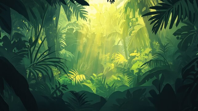 Lush Green Tropical Jungle Sunlight Through Canopy