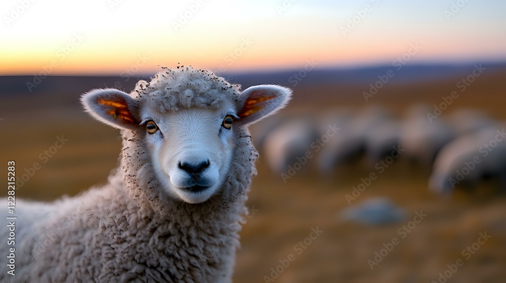 Poster young sheep with fluffy wool looking at camera during sunset on pasture, flock grazing in background