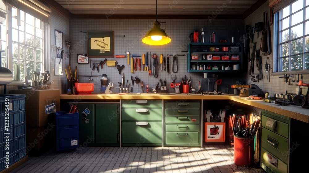 Aufkleber sunlit vintage workshop tools and workspace
