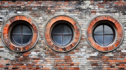 Distinctive round windows set into a weathered brick wall showcasing urban architecture details