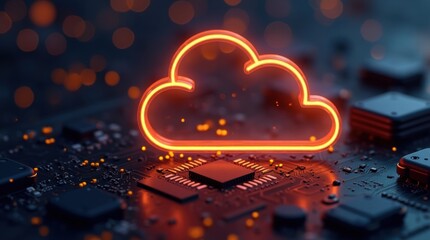 Abstract glowing orange cloud symbol over circuit board, representing cloud computing and digital data storage in a futuristic tech scene