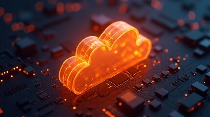 Abstract glowing orange cloud symbol over circuit board, representing cloud computing and digital data storage in a futuristic tech scene