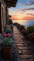 Fototapeta premium Modern Villa Overlooking the Mediterranean Sea at Sunset