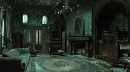 A Dark and Mysterious Victorian Era Living Room