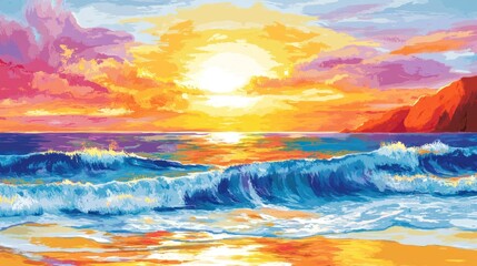Vibrant Sunset Over Ocean Waves Crashing Shore