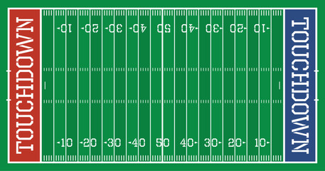 Football field with white lines, outlines, numbers, goal posts and blue and text. Sport concept. Top view with markings. Vector illustration.