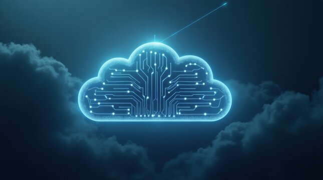 Cloud-shaped digital circuit glowing brightly, symbolizing modern cloud storage and data technology amidst dark clouds