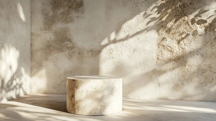 Minimalist interior design with circular stone table and playful light shadows in a serene space