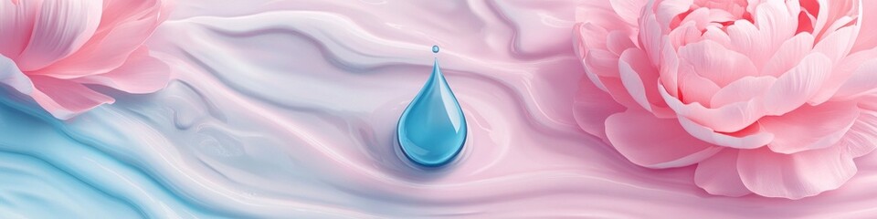 A single drop of blue serum rests on a bed of pink and blue cream, adorned with delicate pink flowers.