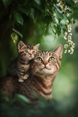 Adorable tabby cat and kitten enjoying a moment together in a lush green garden setting.