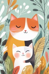Adorable illustration of two cats nestled amongst autumnal foliage.