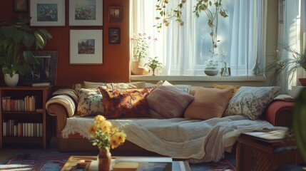 Sunlit Living Room Couch with Pillows and Plants