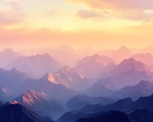 Endless mountain ranges under a gradient of golden pink and purple skies