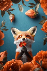 Fototapeta premium Adorable fox gently holding a small red flower, surrounded by orange peonies.