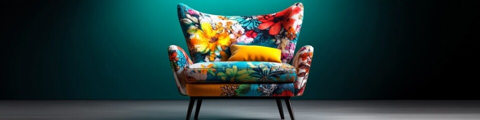 Vibrant floral armchair against a teal backdrop.  A statement piece for any modern home.