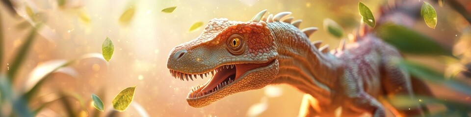 Fototapeta premium A young dinosaur roams a lush prehistoric forest, bathed in warm sunlight.