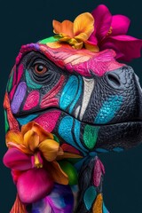 Obraz premium Vibrant dinosaur portrait adorned with colorful flowers. A unique artistic creation.