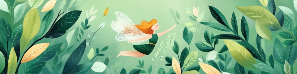Fototapeta premium A whimsical fairy with auburn hair soars through a lush green forest.