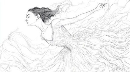 Fototapeta premium Graceful dancer in ethereal flowing dress captured in elegant motion, showcasing beauty and artistry in sketch form