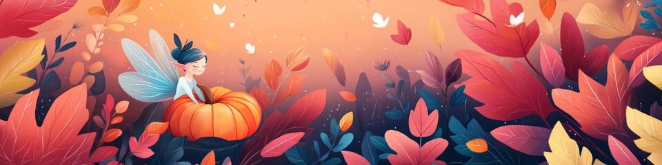 Fototapeta premium Autumn fairy nestled in a pumpkin, surrounded by colorful leaves and butterflies. A whimsical illustration.