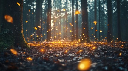 Enchanting Autumn Forest With Glowing Leaves Falling