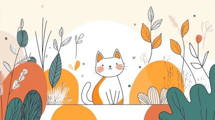 Adorable cartoon cat amidst autumnal foliage. Warm, earthy tones create a cozy atmosphere.