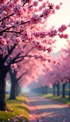 Naklejka premium Soft focus of cherry blossom trees in the early spring morning, floral, morning, landscape