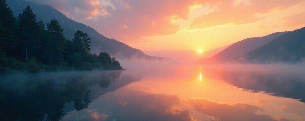 Naklejka premium Softly glowing mist rises from lake surface at dawn, water, sunrise