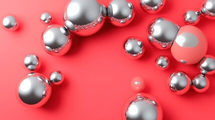 Abstract silver and coral spheres on red background.