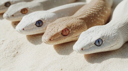 Close-up of multiple snakes with vibrant eyes resting on sand. Desert reptile textures, wildlife patterns, and exotic animal beauty.
