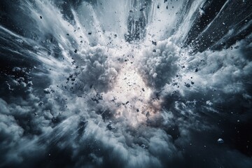 A massive nuclear explosion erupts, capturing a moment of chaos and destruction. Particles are illuminated and suspended in air, showcasing craftsmanship in hyper-detailed 8K resolution