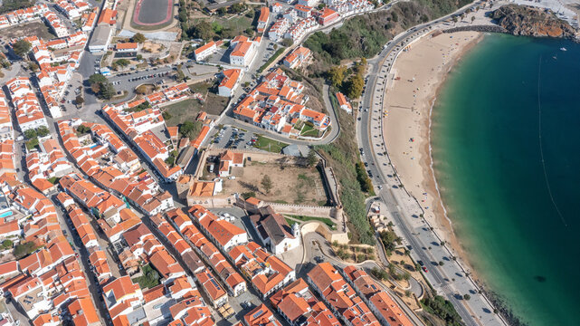 Aerial panorama of the city of Sines, Setubal Alentejo Portugal Europe. Aerial top view of the old town fishing port, historic castle and beach 