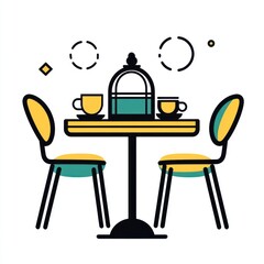 Fototapeta premium Cozy cafe table, two chairs, tea, pastries, relaxing background, menu illustration