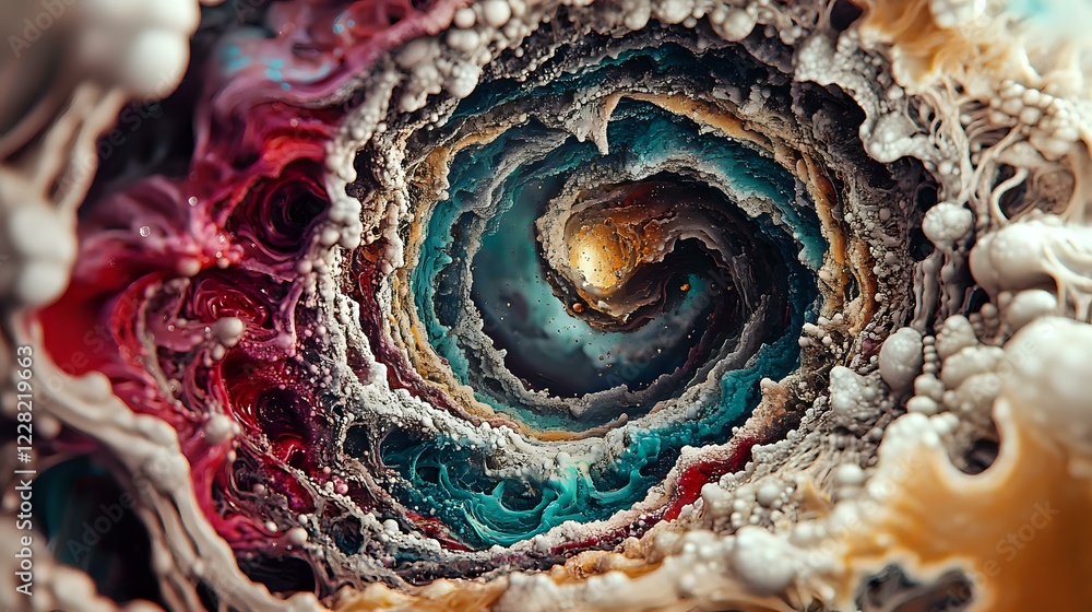 Poster mesmerizing spiral formation with layers of turquoise, red, and gold tones creating depth and moveme