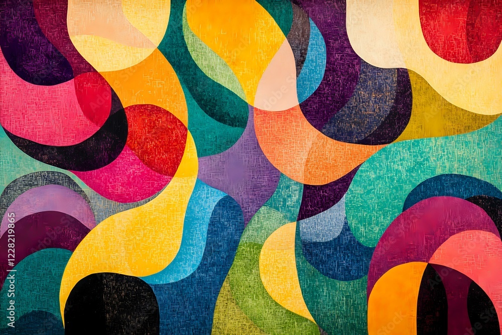 Poster abstract curved shapes in vibrant colors create dynamic composition with yellow, turquoise, purple, 