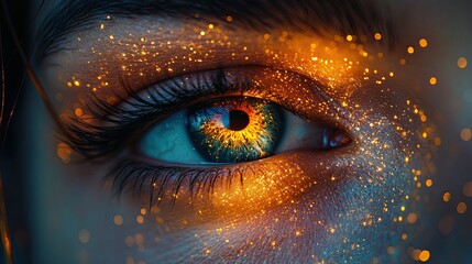 Close-up of a blue eye with golden sparkle, looking to the right.