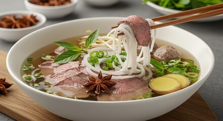 Authentic Vietnamese Pho Soup with Beef, Noodles, and Herbs in White Bowl