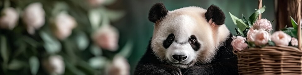 Fototapeta premium Adorable panda bear sitting peacefully amidst a basket of soft pink flowers.