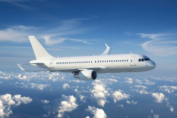 Obraz premium White airplane flying above fluffy clouds in bright blue sky during daytime. Generative AI