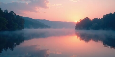 Softly glowing mist rises from lake surface at dusk, water reflection, peaceful lake