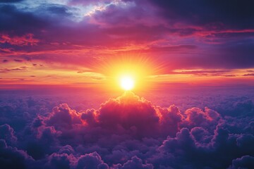 A vivid sunrise emerges above the horizon, casting warm light through thick, colorful clouds. This breathtaking moment represents resilience and hope amidst adversity and uncertainty