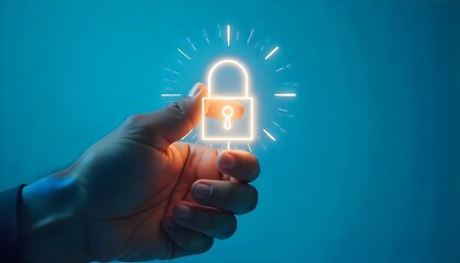 finger touching a glowing padlock icon on a vibrant blue background