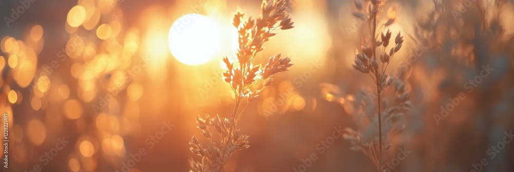 Poster Golden rays illuminate wheat ears during a serene sunset in a tranquil field setting. Generative AI