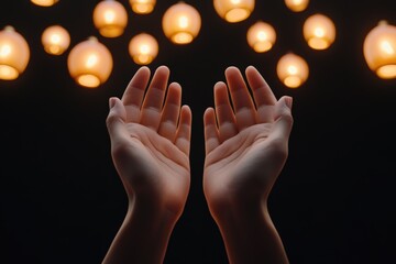 Hands are raised in dua, seeking guidance and peace, illuminated by softly glowing lanterns in a calm, dark setting. This moment evokes spirituality and connection