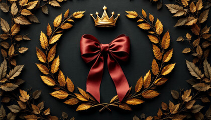 Elegant golden wreath with a red ribbon and crown on a dark background signifies achievement and celebration