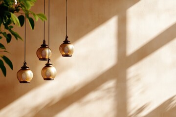 Golden light filters through hanging lanterns, illuminating a blank wall. The shadows form a gentle pattern, enhancing the serene ambiance of the space below